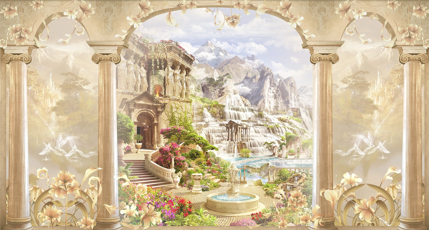колонна, арка, фонтан, природа, античность, цветы, горы, бежевые, коричневые, 3д, зеленые, HD